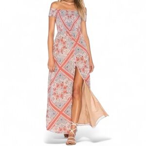 Tularosa Coral and Blue Off-Shoulder Maxi Dress